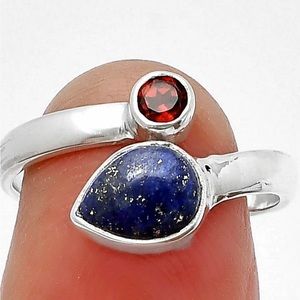 Lapis Lazuli - Afghanistan & Garnet 925 Sterling Silver Ring s.6 Jewelry R-1205